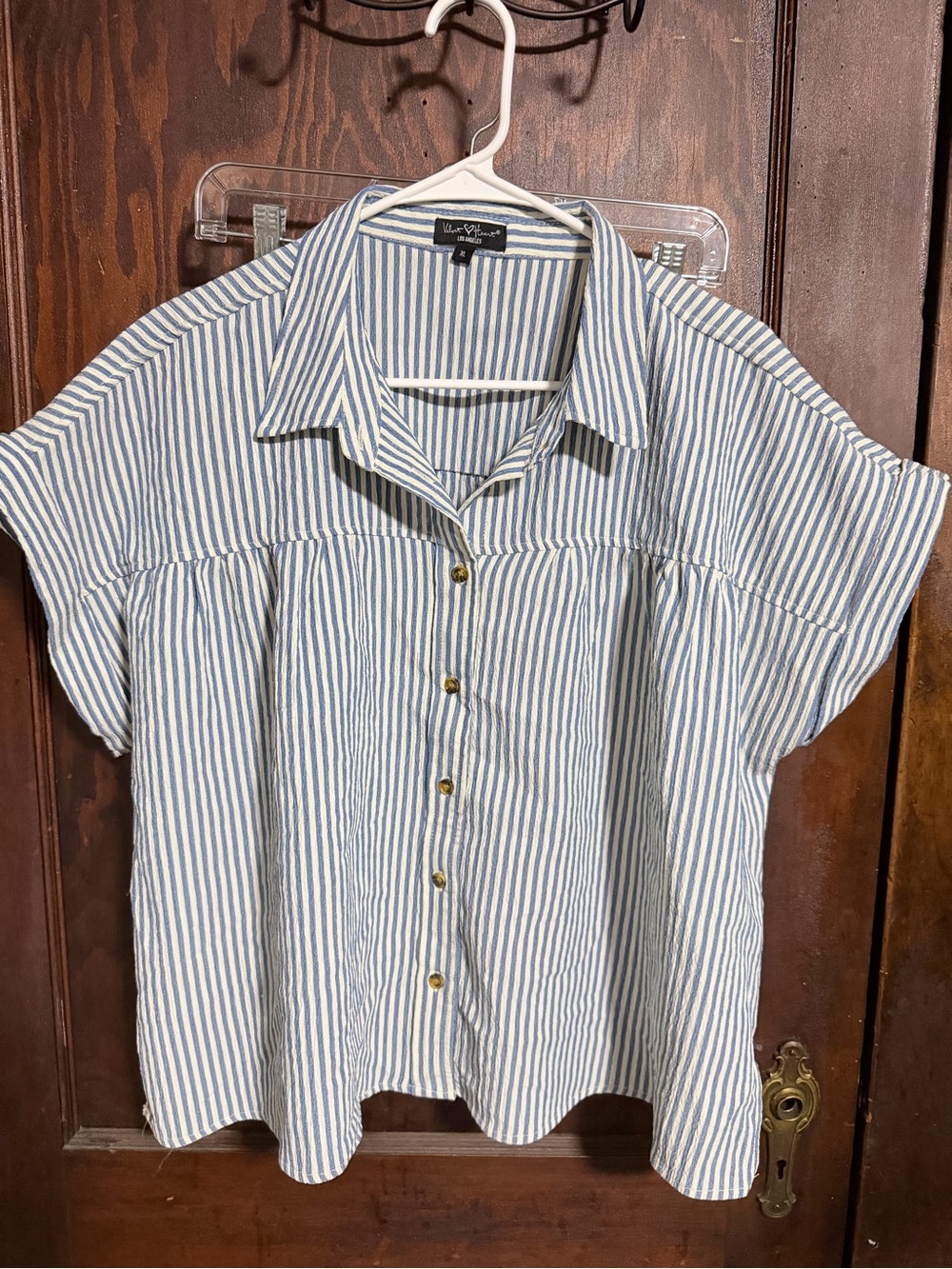 Linen-Blend Blue Stripe Button-Front Top flowy